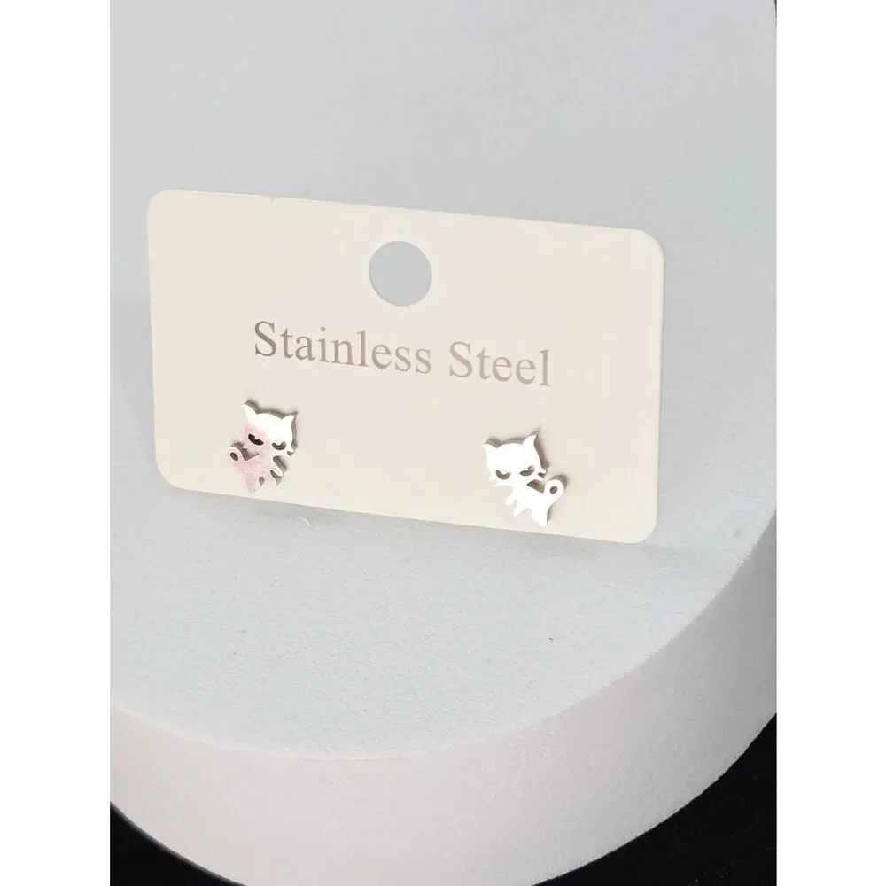 Cat Silhouette Stud Earrings Dainty Silver Stainless Steel Minimalist Pet Lover
